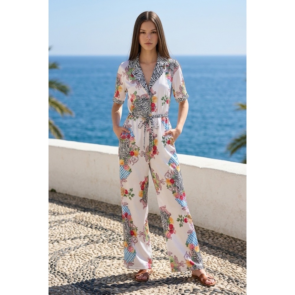 Endless Moon Floral Zebra Print Wide Leg Jumpsuit Short Sleeve White Medium NWT